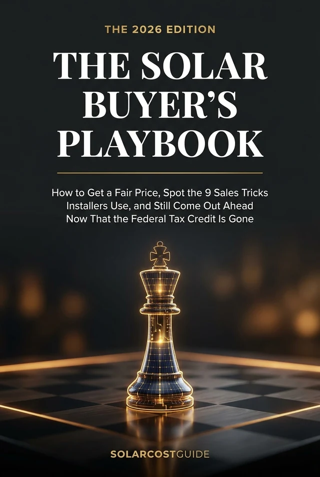 The Solar Buyer's Playbook book cover — a solar panel chess king on a chessboard